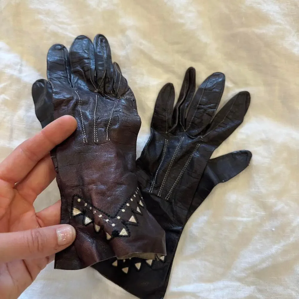 Vintage Dark Brown Leather Gloves Geometric Cutout Detail